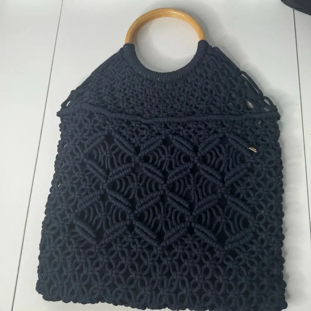 Cottage Boho Style Macrame Bag Purse Wooden Handle Navy
